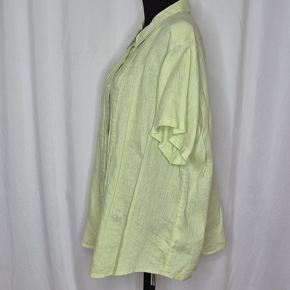 J. Jill Chartreuse Short Sleeve 100% Linen Pintuck Front Button Shirt - Size 3X - Picture 2 of 12